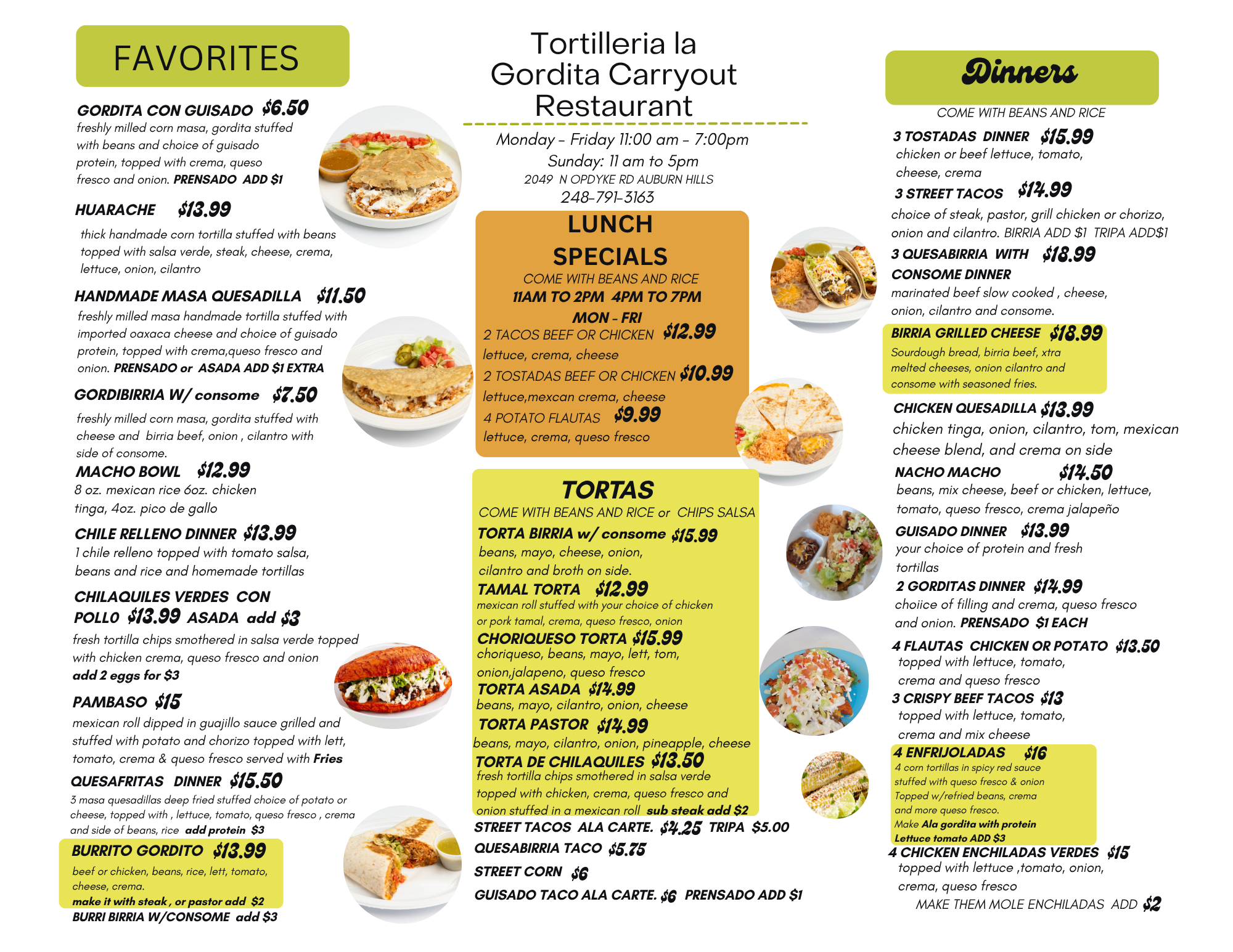 La Gordita menu — favorites, lunch specials, tortas and dinners