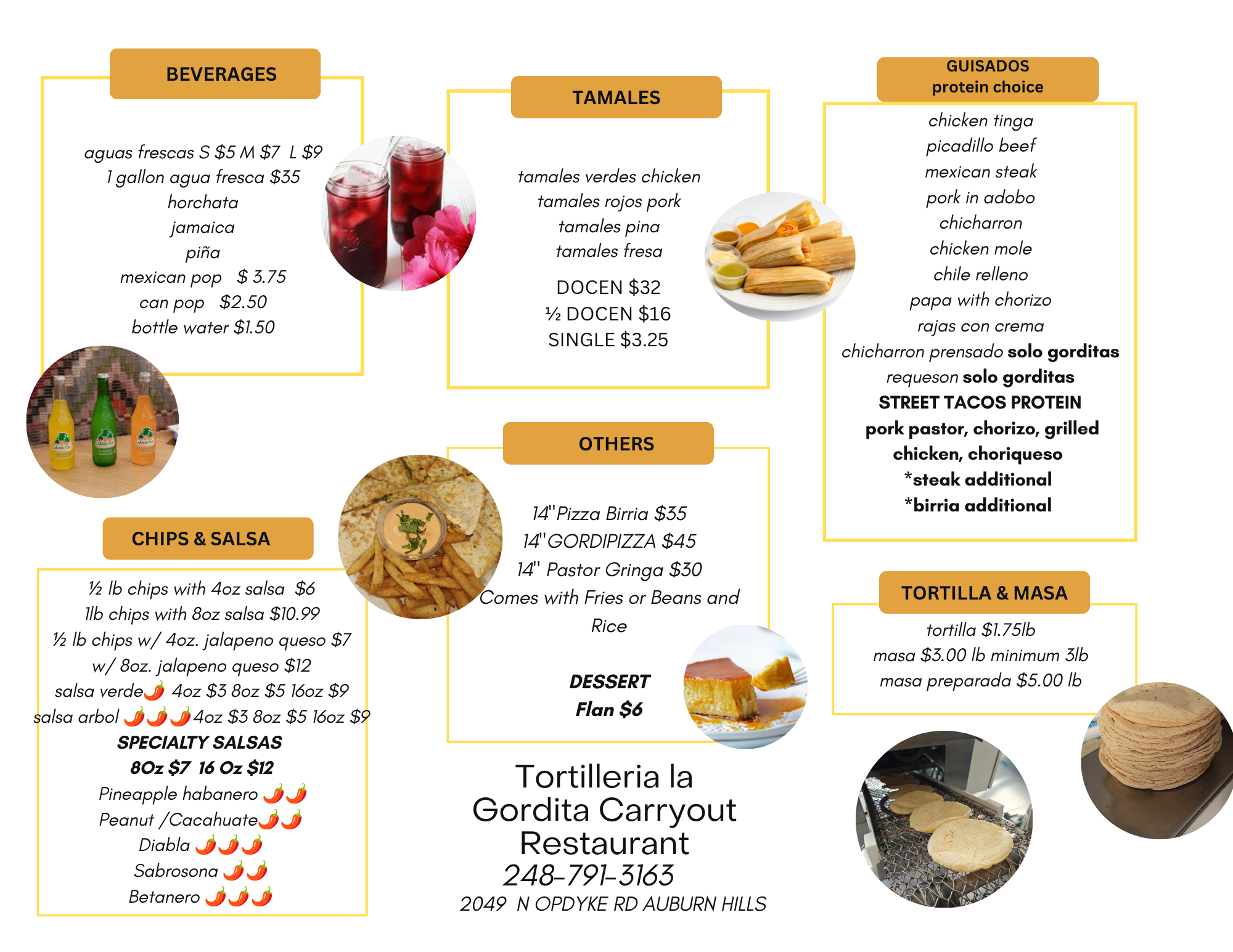 La Gordita menu — beverages, tamales, guisados, chips and salsa, tortillas and masa
